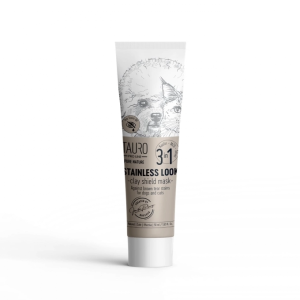 TAURO PRO LINE Pure Nature Stainless Look 3in1, natürliche Tonmaske zur Vorbeugung von Tränenflecken auf dem Fell für Hunde - 50ml